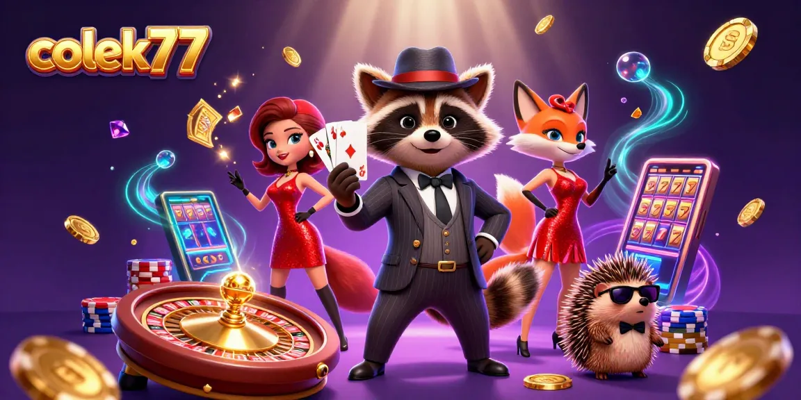 Spin to win at colek77 with a suave raccoon, charming fox, and bouncer in a lively casino scene.