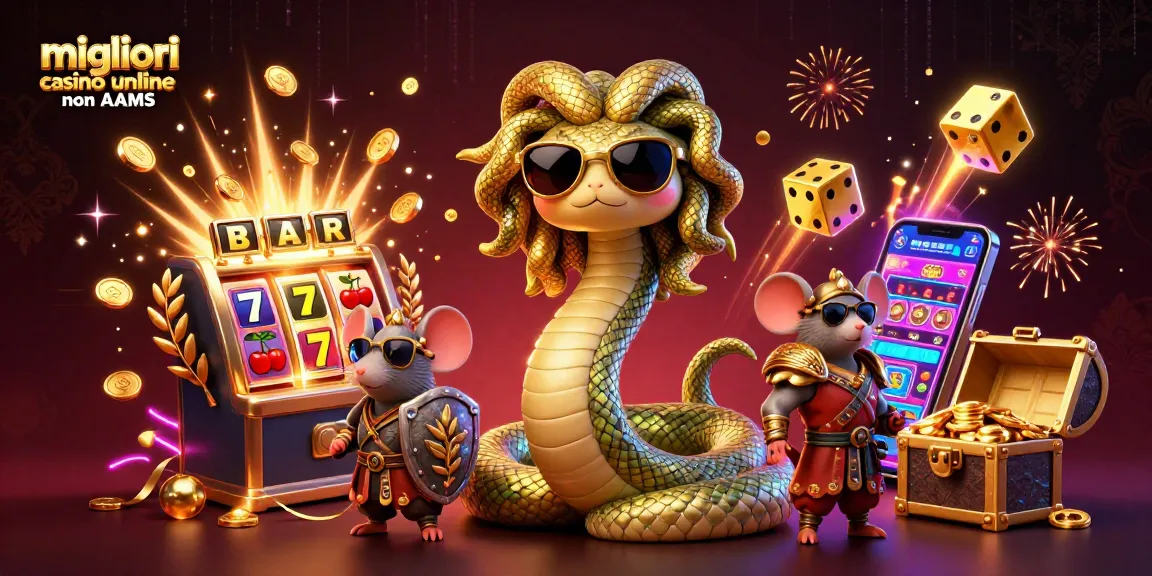 I migliori casino online non AAMS presentano una Medusa amichevole ai lati della slot machine vincente con frutti e jackpot.