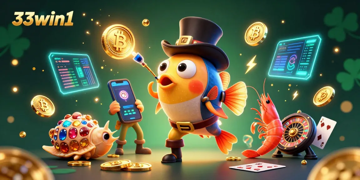 Engage with thrilling 33win1 gaming adventures featuring vibrant 3D characters and glowing crypto elements.