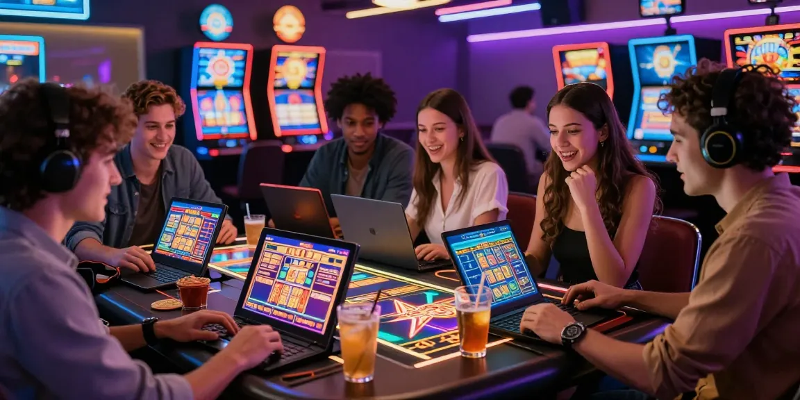 Enjoying slot online games at a lively casino with friends, vibrant screens and snacks.