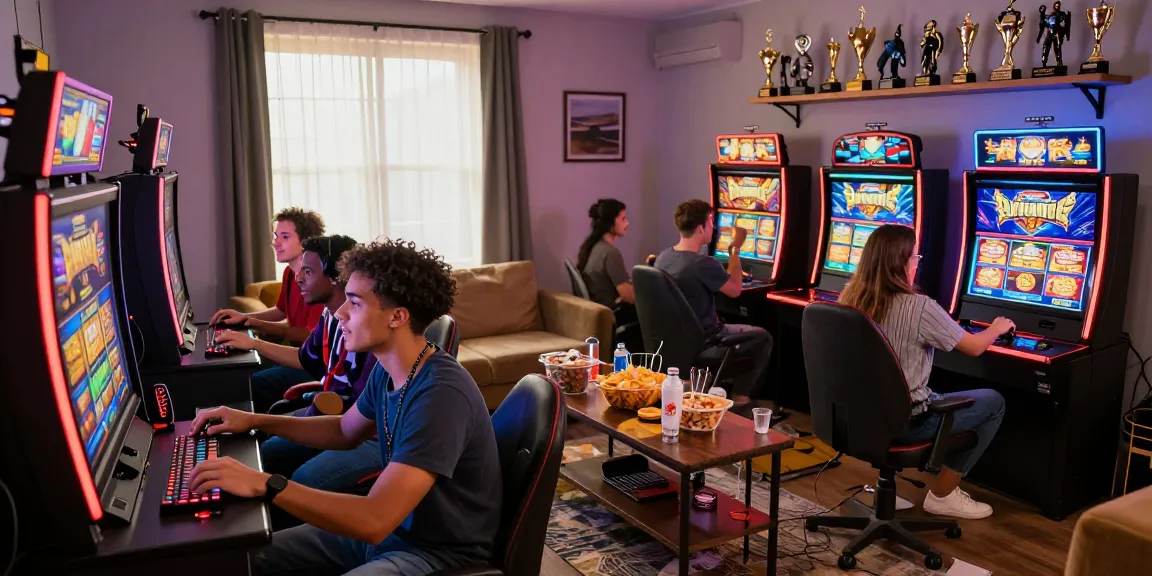Friends enjoying slot depo 1000 games together in vibrant living room, showcasing excitement and camaraderie.