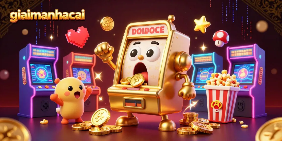 giaimanhacai features a golden slot machine hitting jackpot with cheering machines around it in a lively casino scene