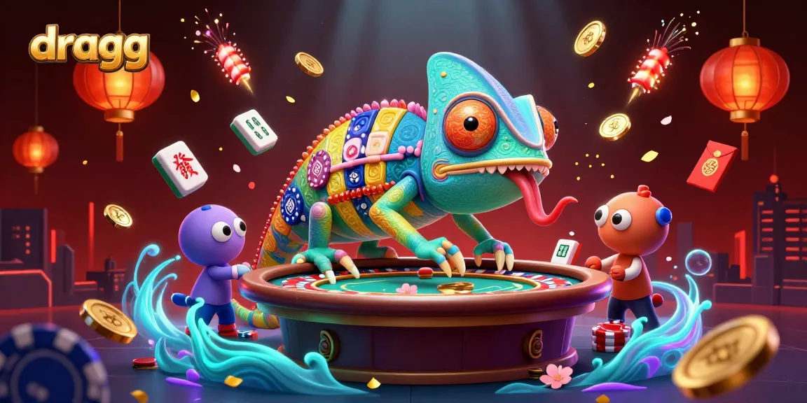 Dragg's vibrant casino scene features a chameleon owner capturing golden coins while celebrating wins.