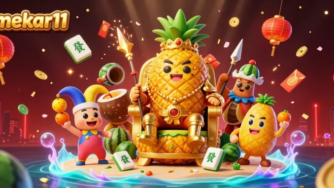 Mekar11's vibrant casino scene showcases a golden pineapple king and magical elements for players.