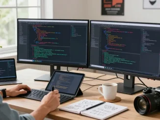 High-tech workspace focused on 截图软件下载 with developer coding, dual monitors, and natural light ambiance.