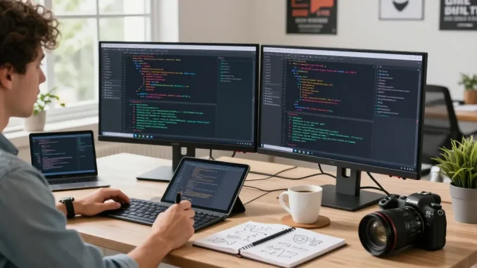 High-tech workspace focused on 截图软件下载 with developer coding, dual monitors, and natural light ambiance.
