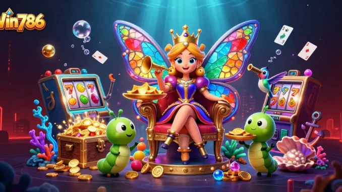 Win786 showcases vibrant casino excitement with a butterfly queen, floating playing cards, and slot reels.