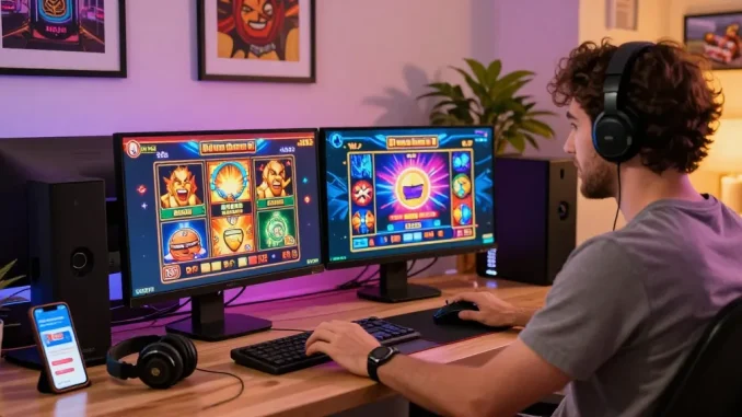 Exciting online gaming setup featuring slots that accept credit cards, showcasing vibrant slot graphics and gaming accessories.