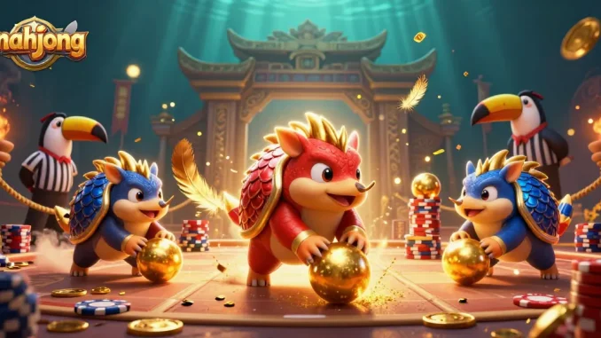 Engage with mahjong action as pangolins bowl through poker chips in a vibrant casino scene.