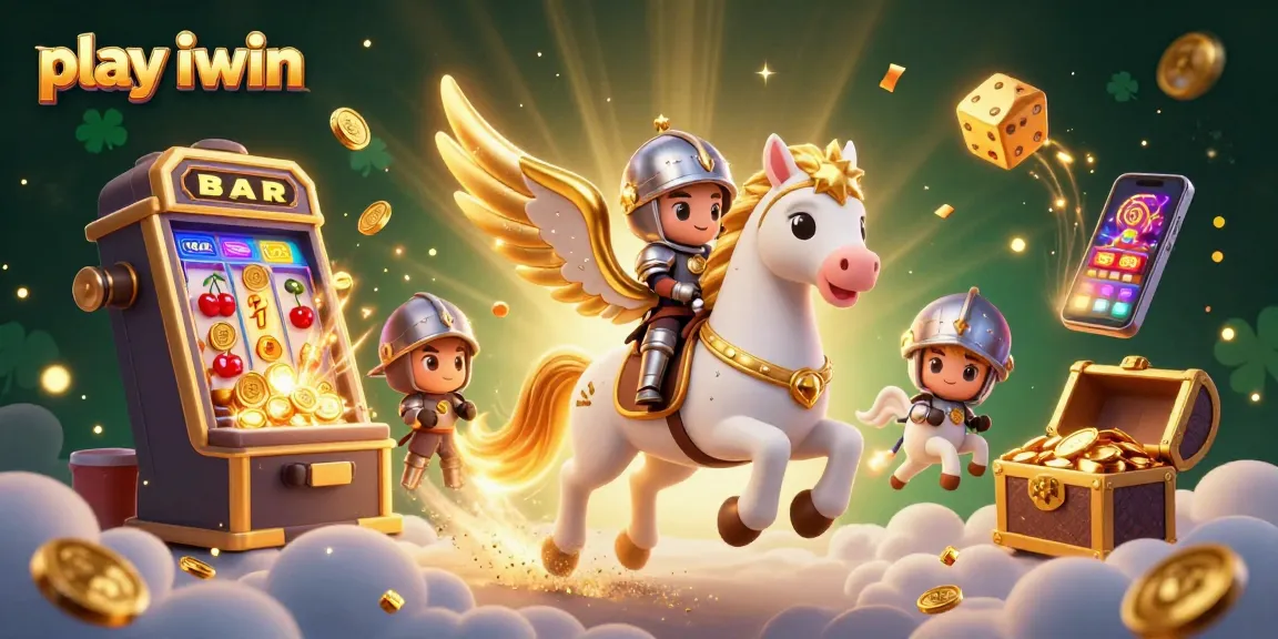 Play iwin with a vibrant 3D scene featuring a celestial horse, jackpot elements, and colorful casino effects.