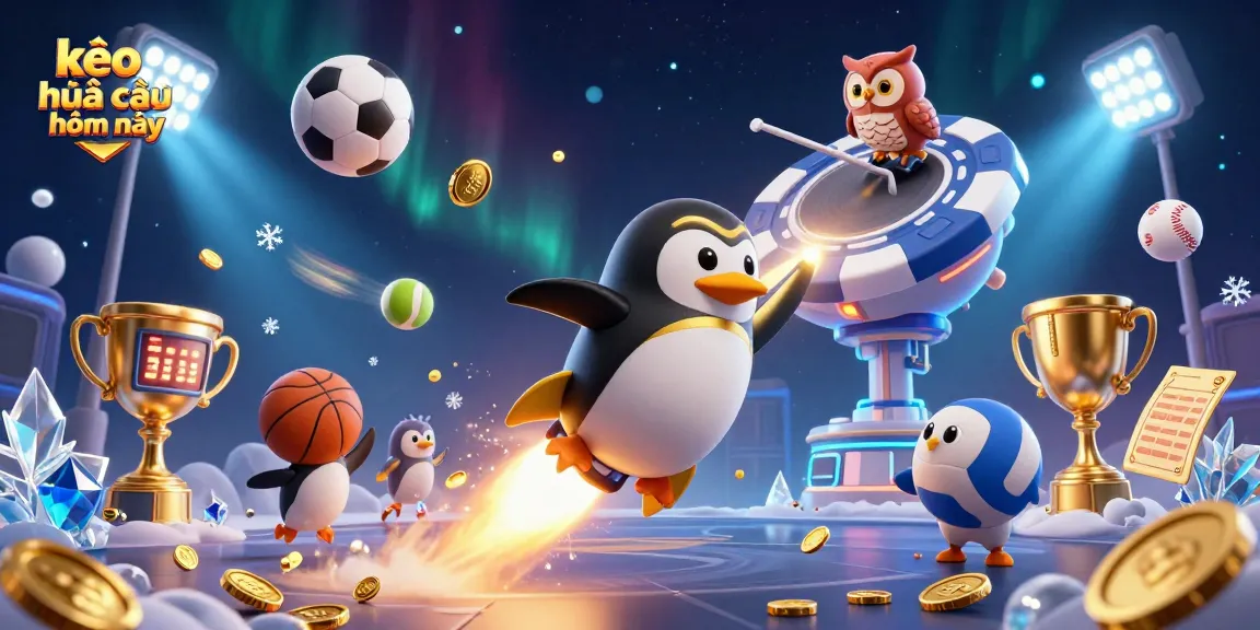 Experience the thrill of kèo nhà cái hôm nay with a dynamic sports betting visual featuring a golden penguin and casino elements.