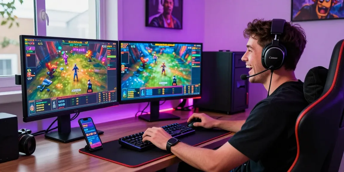 Aviator Pro gamer enjoying a thrilling online gaming session with vibrant screens and instant cashout notifications in a modern setup.