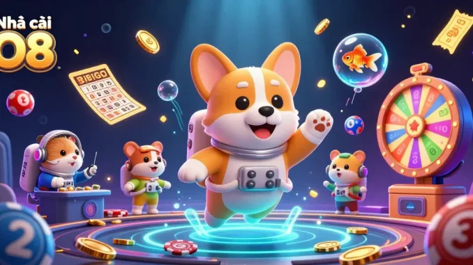 Experience the excitement at Nhà cái O8 with a lively illustration featuring a floating casino scene.