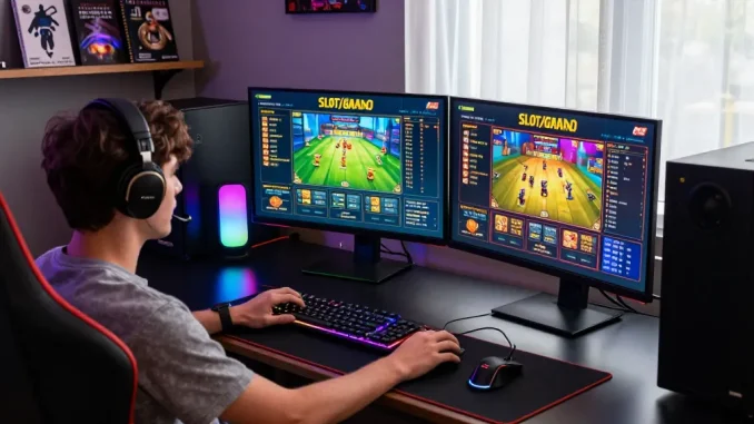 Player immersed in a koitoto gaming session with vibrant slot graphics and gaming setup.
