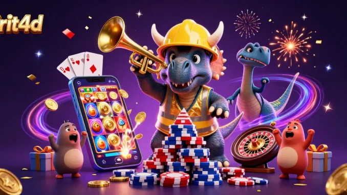 Celebrate wins with irit4d, featuring a triceratops building poker chips and fun casino elements.