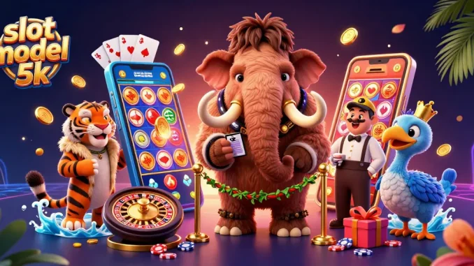 Engage with slot modal 5k, featuring a vibrant casino scene with a woolly mammoth bouncer and lucky charm elements.
