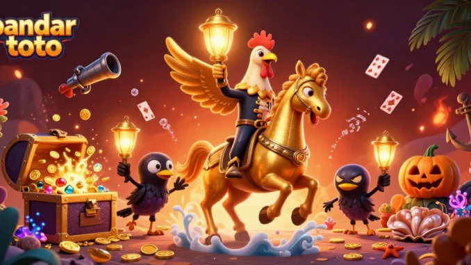 Spin to win at bandar toto with golden rooster, treasure, and lively casino vibes!