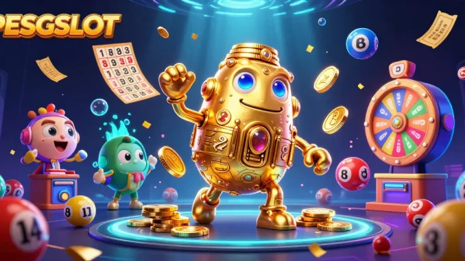 Mengakses PESGSLOT dengan aman melalui simbol mesin slot berbentuk golem emas dan elemen permainan yang dinamis.