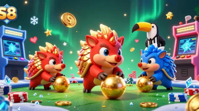 S8 players enjoying thrilling 3D casino action with pangolins rolling through poker chips.