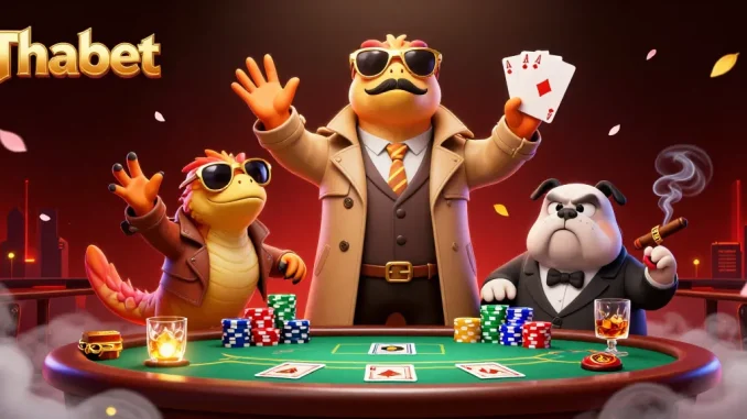 Thabet showcases playful raptors in a trench coat attempting a VIP casino entrance amidst lively game elements.