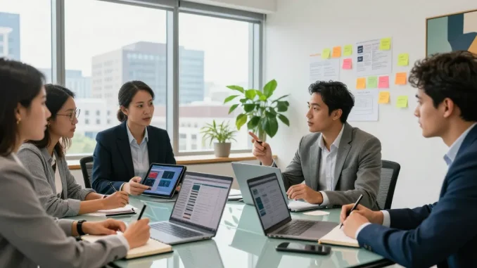 Strategic brainstorming session at https://factors.org.uk with diverse professionals collaborating in a modern office.