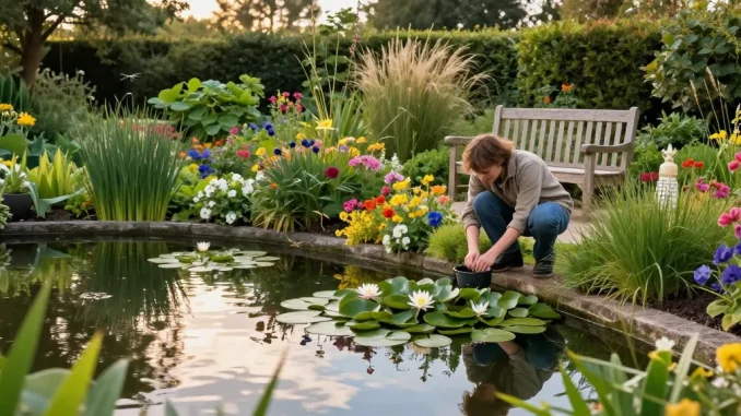 Beautiful British pond plants flourishing in a serene garden setting with a gardener planting