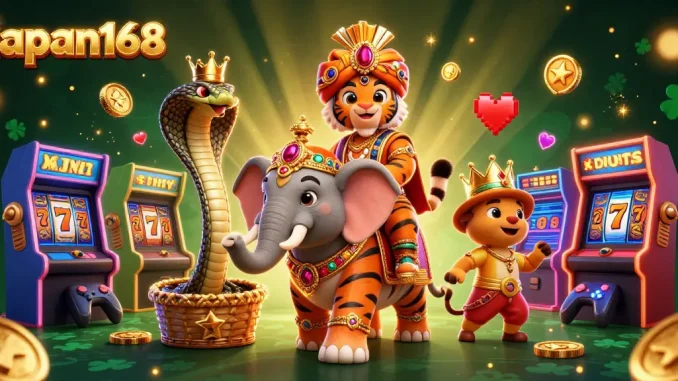 Experience exciting gameplay at japan168 with a vibrant casino scene featuring a maharaja and slot elements.