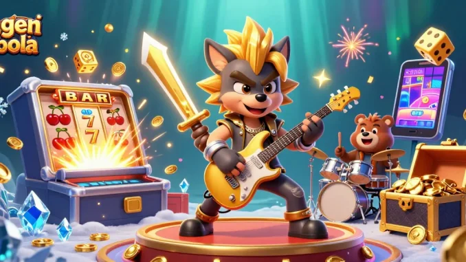 Engage with agen judi bola in a vibrant casino scene featuring a rock star wolf and wild drummer bear.