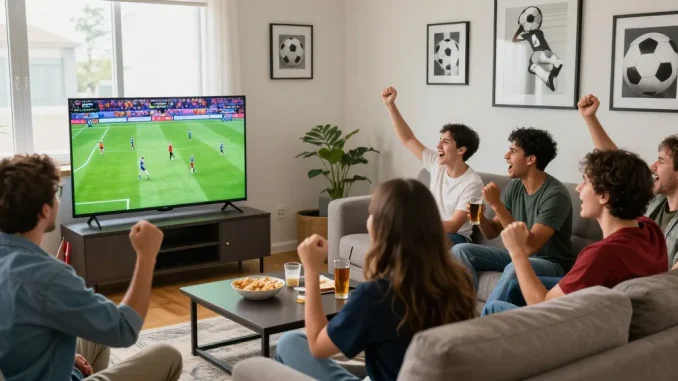 Menonton live streaming bola berkualitas tinggi bersama teman di ruang tamu yang nyaman