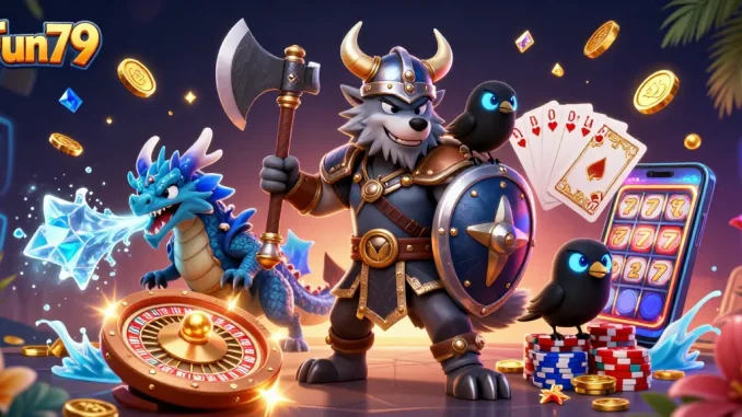 Win big at Fun79 Casino with the Viking wolf warrior amidst cascading gold and gems!
