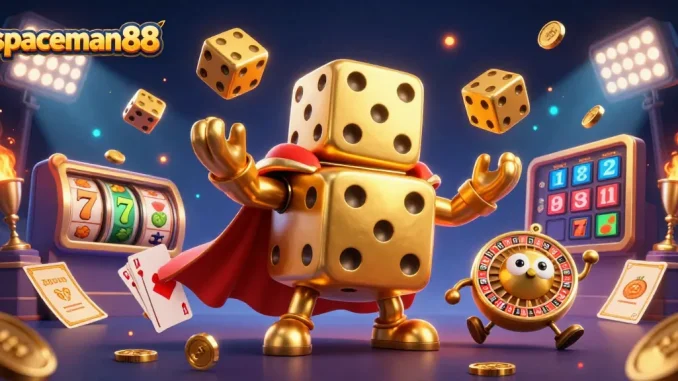 Experience the excitement at spaceman88 with a vibrant slot game illustration featuring golden dice and dynamic game elements.