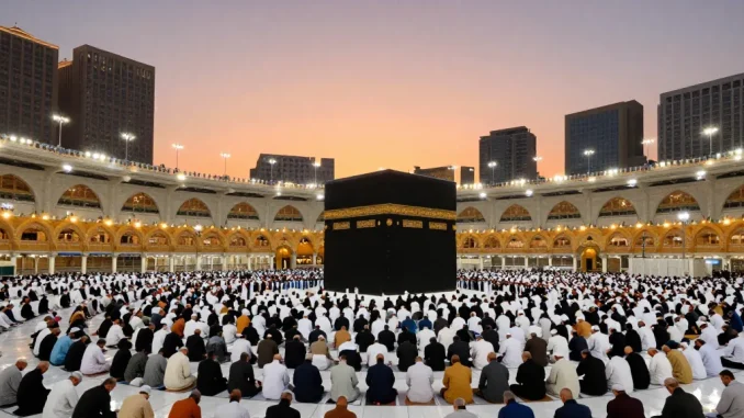 Experience Umroh Itikaf during Ramadan in Makkah, pilgrims gathered in prayer, serene atmosphere, unforgettable spiritual journey.