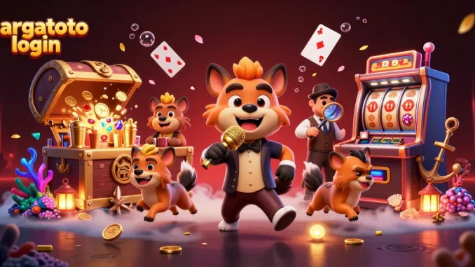 Engaging hyenas in a comedic casino scene showcasing hargatoto login with vibrant gaming elements.