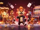 Engaging hyenas in a comedic casino scene showcasing hargatoto login with vibrant gaming elements.